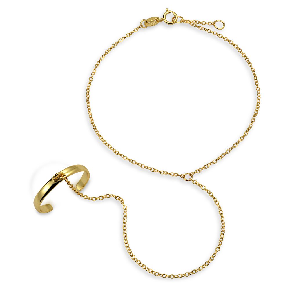 Bling Jewelry Hand Chain Dancer Slave Bracelet For Women And Ring Gold Plated .925 Sterling Silver Adjustable