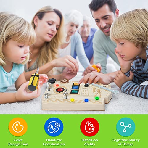Montessori Wooden Busy Board with Switches & Buttons, Toddler Fidget
