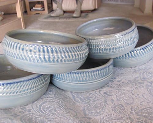 Pottery Bowls Handmade Bowl Set of Five Ceramic Bowls Chattered Texture Sky Blue Celedon Glaze Food Safe Ovenware Stoneware Tableware