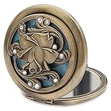 Beauty and the Beast Dual Glass Compact Mirror Antique Golden Finish, Brushed Metal Casing Sculptured Floral filagree lid