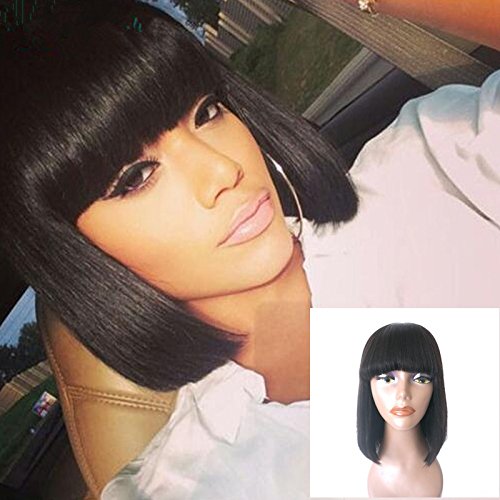 Human Hair Bob Wigs with Bangs Brazilian Yaki Machine Made Glueless Short Wigs (12