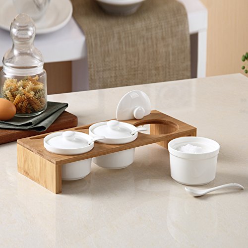 Condiment Spice Jar, Set of 3, 77L Ceramic Condiment Spice Jars with Serving Spoons and Ceramic Lids - Condiment Pots with Plain White Lids and Spoons and Bamboo Holder for Home and Kitchen - Thumbnail 2