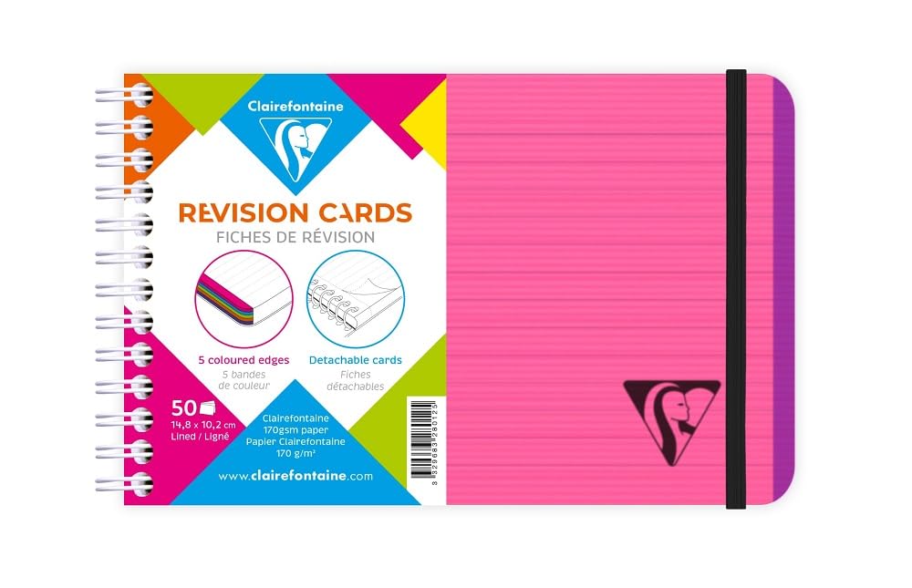 Clairefontaine 328012C Collection LiniColour Fresh Spiral Revision Cards Fuchsia Pink - 15,2x10,2cm 50 Lined Sheets White Paper 170g Cover Polypro Transparent