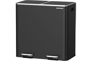 SONGMICS Trash Can, 2 x 10.6 Gallon (2 x 40 L) Garbage Can for Kitchen, with 15 Trash Bags, 2 Compartments, Plastic Inner Buckets and Hinged Lids, Airtight, Black ULTB730B80