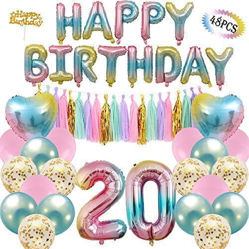 20th Birthday Decoration Party Supplies Number 1 Balloon Happy Birthday Banner 20 Paper Tassels 6 Confetti Balloons 2 Heart Balloons 6 Latex Balloons Rainbow Balloon Gradient Balloon