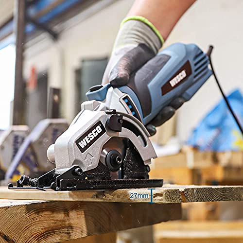 Mini Scie Circulaire,WESCO 500W Mini Scie Multifonction avec 2 Lames,5100/min, Profondeur de Coupe Maximum 27mm pour Couper le Bois,le Métal Mou,les Carreaux et le Plastique