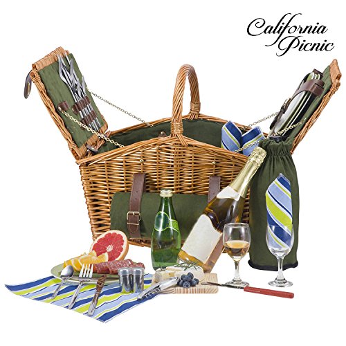 Picnic Basket Set for 4 Person Picnic Hamper Set | Double Lid | Beach Collection | Folding Picnic Blanket Ceramic Plates Metal Flatware Wine Glasses S/P Shakers Bottle Opener Green Lining Picnic Set - Thumbnail 7