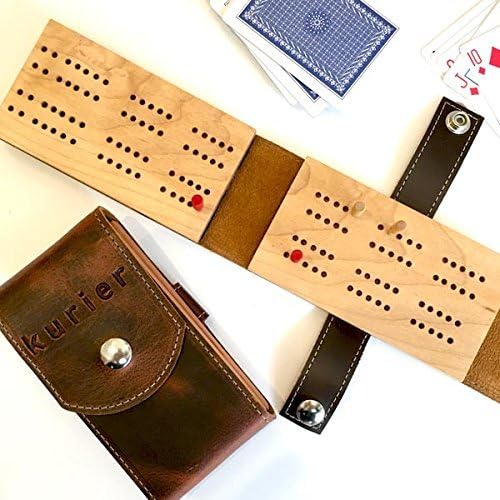 Travel cribbage board - leather and wood - handmade in USA includes cards and pegs -great gift for dad!