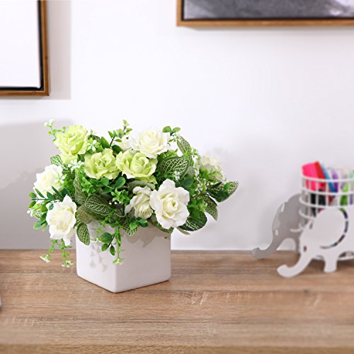 MyGift Artificial White Rose, Fake Flower Bouquet Arrangement in Square