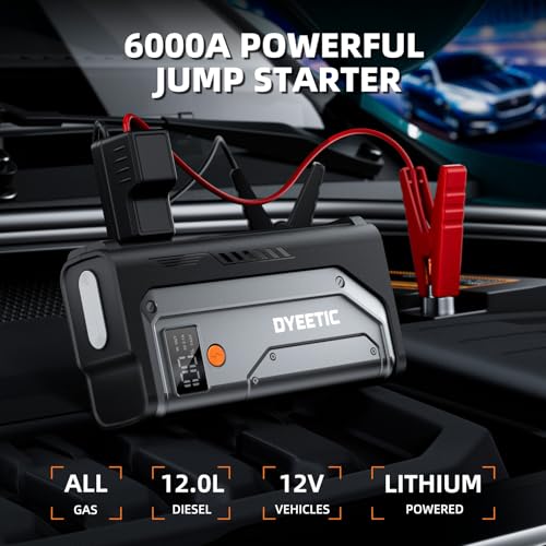 Dyeetic 6000A Jump Starter, 12V Car Battery Booster Pack(All Gas and 12.0L Diesel Engine)，26800mAh Car Starter Smart Jumper Cables, Portable Power Bank with USB QC3.0，800LM Flashlight