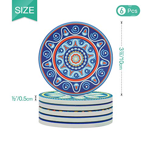 ComSaf-Coasters-for-Drinks-Absorbent-Coaster-with-Holder-Set-of-6-Mandala-Style-Ceramic-Coaster-with-Cork-Base-Tabletop-Protection-Coaster-Gift-for-Housewarming-Home-Bar-Decor-Bohemiya-BOHO-4-Inch