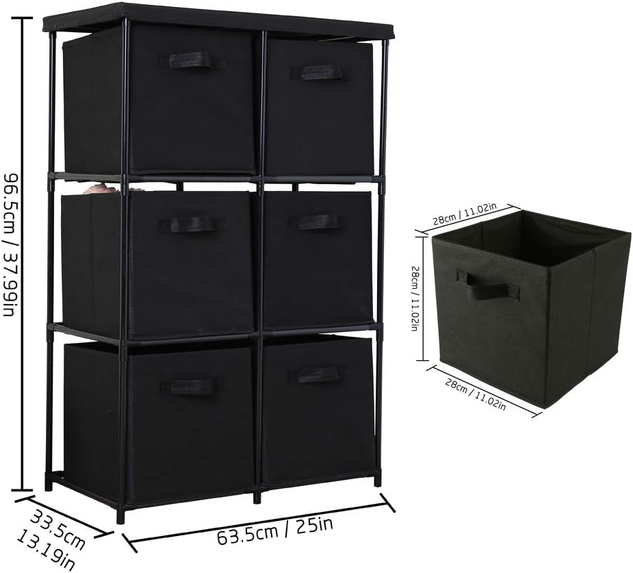 Function Home 6 Drawer Storage Organizer, Fabric Chest Cabinet, 3 Tier Metal Shelves with 6 Non-Woven Collapsible Bins, Organizer Tower Unit for Storing Clothing Documents Books Towels in Black: Home & Kitchen