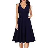 WOOSEA Women's Sleeveless V Neck Vintage Pockets Swing Business Church Dress