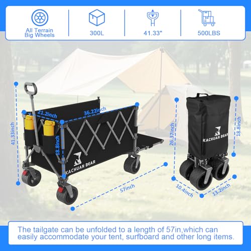57" L Large Collapsible Foldable Wagon with Tailgate & Brake, 500LBS Heavy Duty Beach Wagons with All-Terrain Big Wheels, 300L Folding Utility Cart for Sand Garden Shopping Groceries Sports (Black)