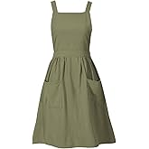 Pinknoke Cotton Linen Pinafore Apron Dress for Women with Pockets Cute Art Chef Aprons for Kitchen Baking Gardening Painting