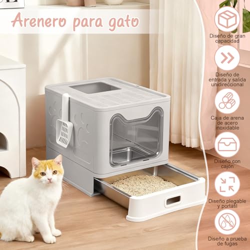 Arenero para Gato de Acero Inoxidable con Cajón Apto, Arenero para Gato Cerrada, con Pala para de Gatos, 51 * 41 * 38cm, para Gatos Grandes (Gris)