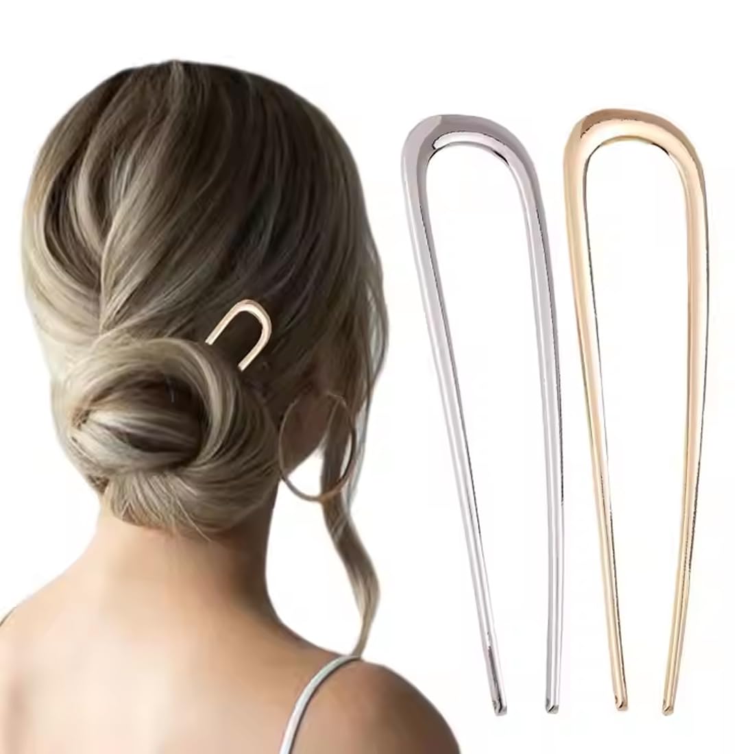XUKZIMA 2 Pcs French Style U Shaped Hair Pins Metal Hair Fork Hair Sticks Clip for Thick Long Hair French Twist Hair Pin Updo Chignon Pins for Women Girls Hair Styling Accessories (Gold & Silver)