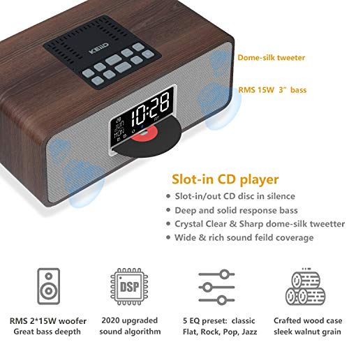 KEiiD Boombox CD Player with Speakers, Wooden Desktop Stereo System