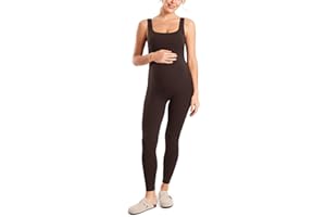 MOMANDA Maternity Jumpsuit Workout Romper for Pregnancy Seamless Leggings Bodysuit Sleeveless Square Neck Tank Top