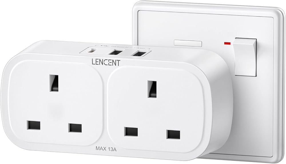 LENCENT Plug Adapter 3 USB Double Wall Socket UK 13A 3250W 5-IN-1