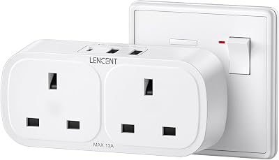 LENCENT Plug Adapter 3 USB Double Wall Socket UK 13A 3250W 5-IN-1