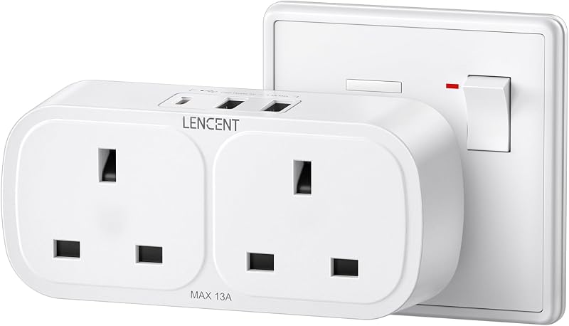LENCENT Plug Adapter 3 USB Double Wall Socket UK 13A 3250W 5-IN-1