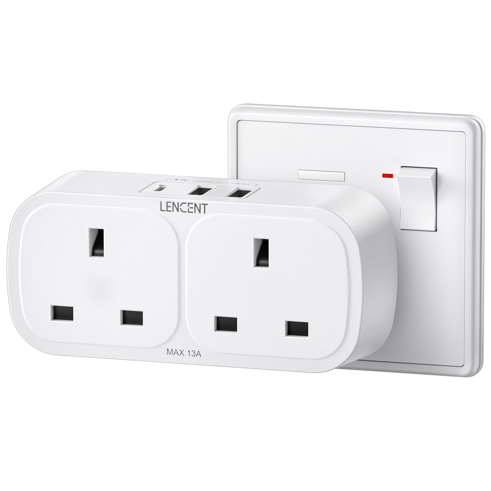 LENCENT Plug Adapter with 3 USB (Included 1 USB-C), Double Wall Plug Extension, Multi Adaptor 2 Gang Extender Suitable for UK, 13A 3250W for Home, Office, College dormitary