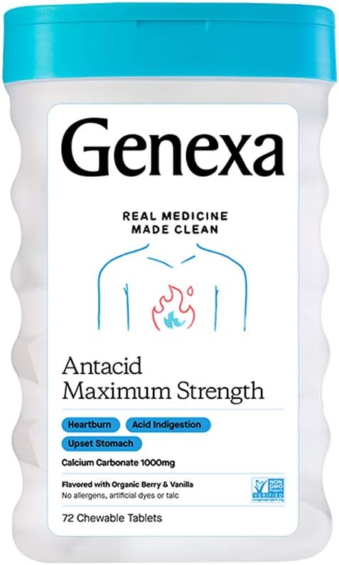 Genexa Antacid Maximum Strength – 72 Tablets | Calcium Carbonate Antacid, Non-GMO & Certified Gluten-Free | Heartburn Fix | Free of Talc, Dyes & Parabens: Health & Personal Care