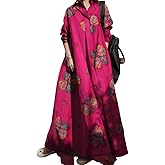 Womens Cotton Linen Plaid Long Sleeve Maxi Shirt Dress Lightweight Oversize Casual Loose Long Dresses with Pockets