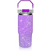 Bling Rhinestone Studded Tumbler with Top Handle, Bling Cups Stainless Steel Water Bottle Diamond Glitter Tumbler for Women - Birthday Gifts for Women, Mom,Get Well Soon Gifts (Lilac)