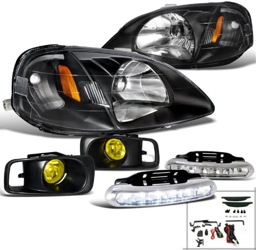 Honda Civic Coupe Sedan Black Headlight+Yellow Fog Lamp+LED White DRL