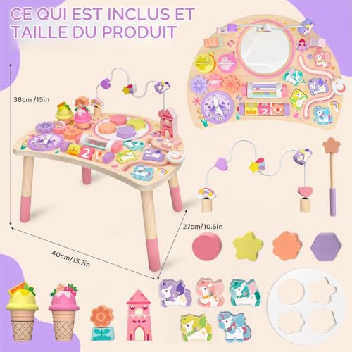 Fozcmisw Table d'Activité Montessori en Bois 10 en 1 Licorne dès 18 Mois | Manipuler, Trier, Tourner et écouter Aide la Motricité Fine Dans Les Jeux Quotidiens