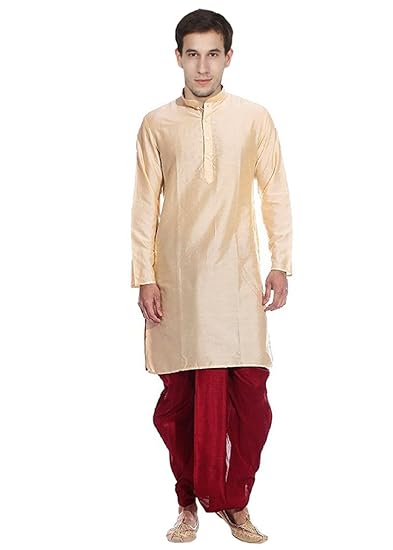 Men's Silk Cream Kurta with Red Dhoti