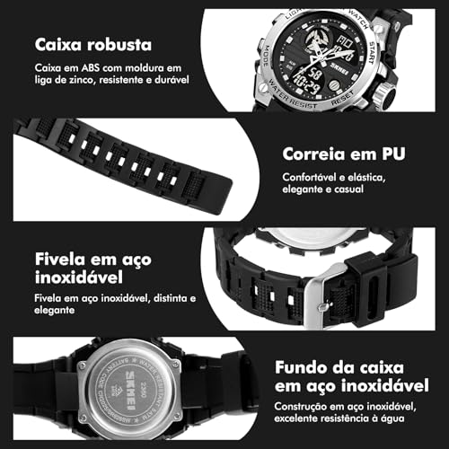 Relógios Digitais Militares Masculinos Quartzo Esportivo À Prova D'água Relógios de Mostrador Grande com Alarme Fuso Horário Duplo Visor Luminoso