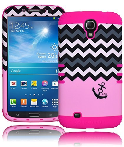 Bastex Heavy Duty Hybrid Case for Samsung Galaxy Mega 6.3 i527 - Coral Pink Chevron Anchor Design with Hot Pink Soft Silicone Shell