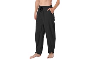 perdontoo Men's Linen Cotton Loose Fit Casual Lightweight Elastic Waist Summer Beach Pants