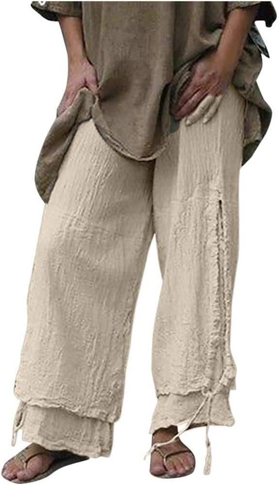 iHAZA Women Solid Cotton and Linen Personality Casual Lounge Flared Pants Wide Leg Trousers