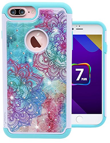 iPhone 7 Plus Case, Nuomaofly [Creative] Studded Rhinestone Crystal Bling Hybrid Armor Defender Dual Layer Protective Case Cover for Apple iPhone 7 Plus (Flower)