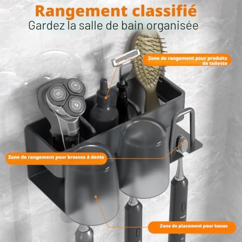 Support pour brosses à dents, brosse électrique, aluminium spatial, couleur gris, sans perçage