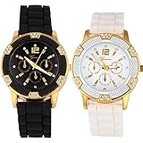 Black and White Rosegold Faux Chronograph Silicone Watch w/ Rhinestones