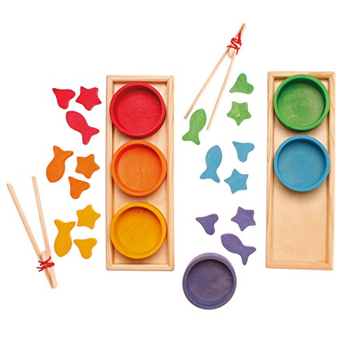 Grimm's Rainbow Bowls Shape & Color Sorting Game/Activity Set with Grabbing Tongs