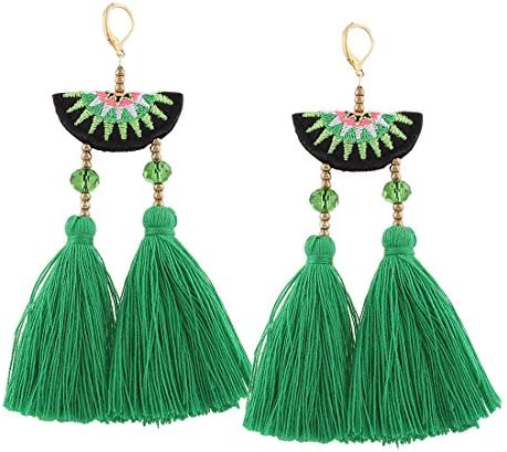 Handwork embroidery Bohemian long tassel earrings (green)