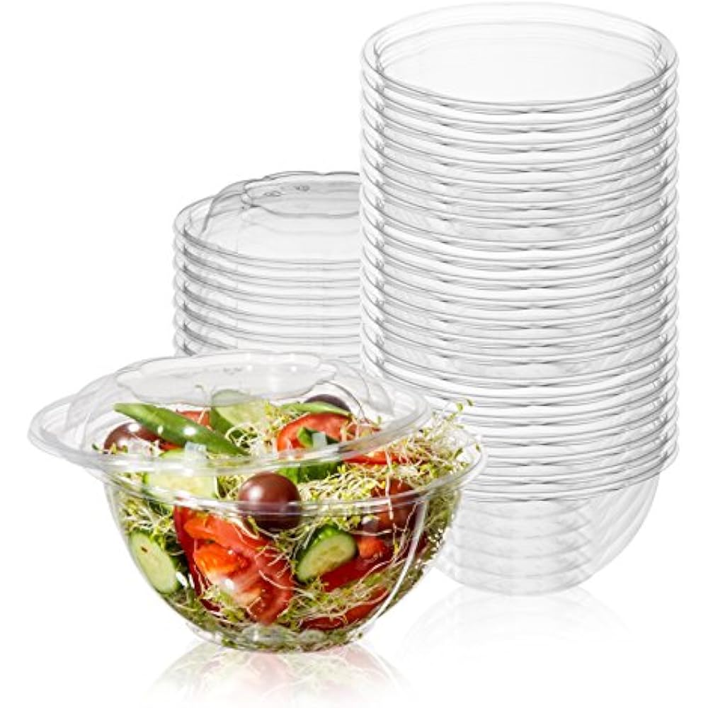 50Pack 32oz Plastic Disposable Salad Bowls With Lids EcoFriendly