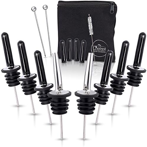 ChefastBottle Pourers Set: 8 Stainless Steel Pour Spouts, 10 Long Dust Cap, 2 Cocktail Picks, Brush and Storage Bag - Metal Toppers for Liquor Spout Pourer, Oil and Vinegar Dispenser