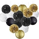 Happy New Year Party Decorations Black White Gold Tissue Paper Pom Pom Paper Lanterns for Great Gatsby Decorations/New Year's Eve Party/Birthday Decorations/Bridal Shower Decorations