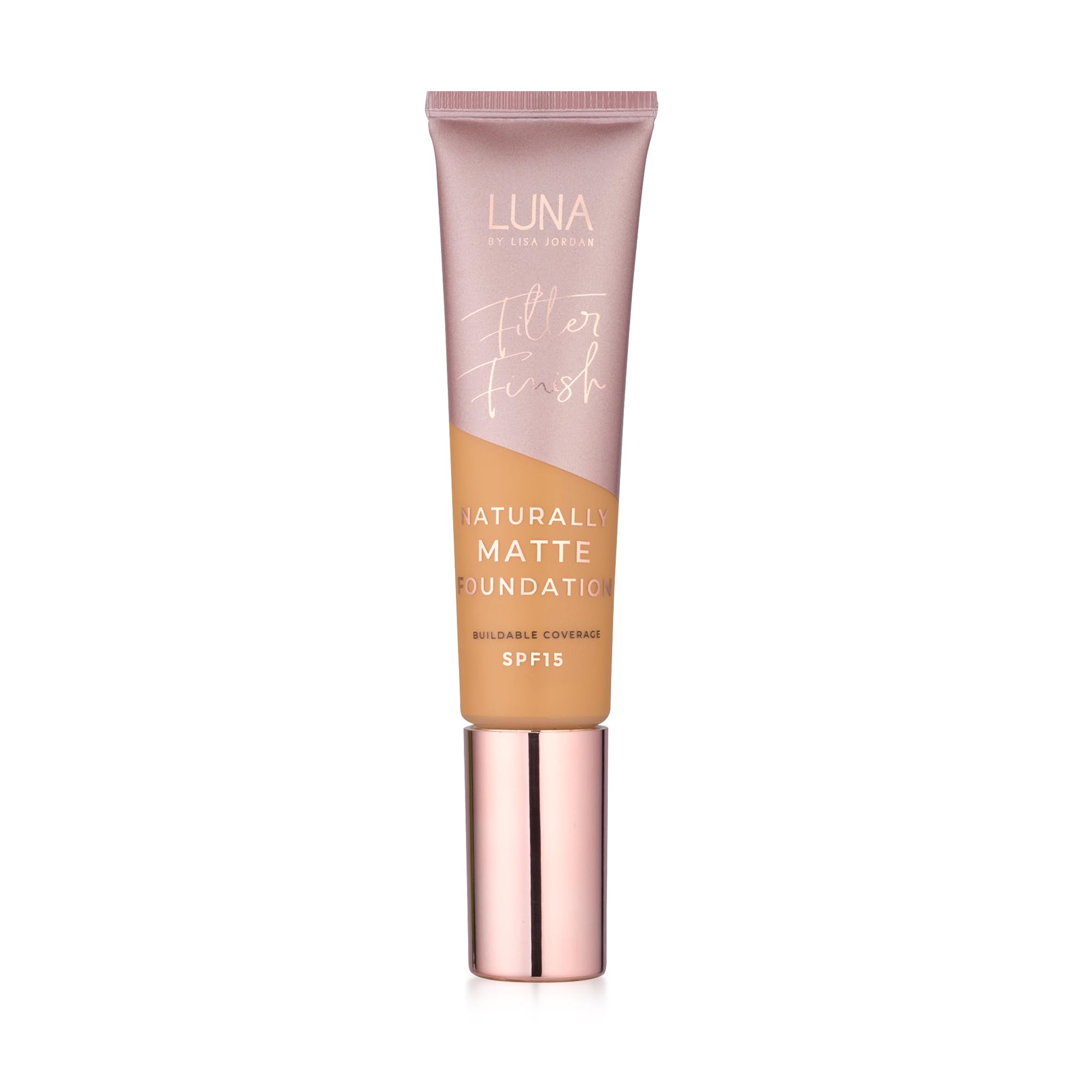 LUNA Matte Foundation in TAN PLUS Shade - Contains Vitamin E and SPF15 - Oil-Free Face Foundations with Golden Undertone - Suitable for Oily and Sensitive Skin