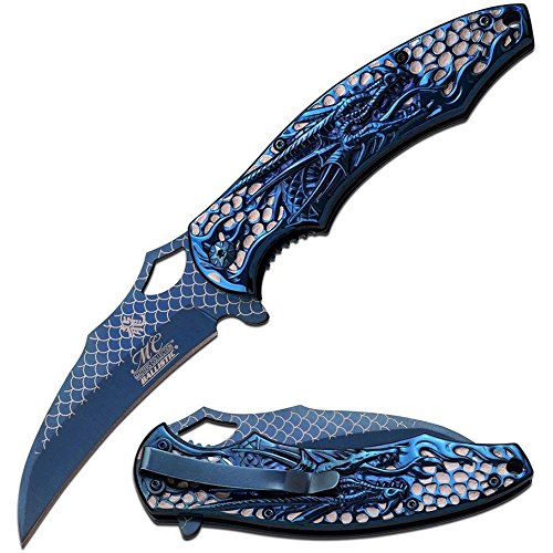 Smol Store 8.5" TITANIUM DRAGON FIRE ACID ETCHING SPRING ASSISTED FOLDING POCKET KNIFE BLUE