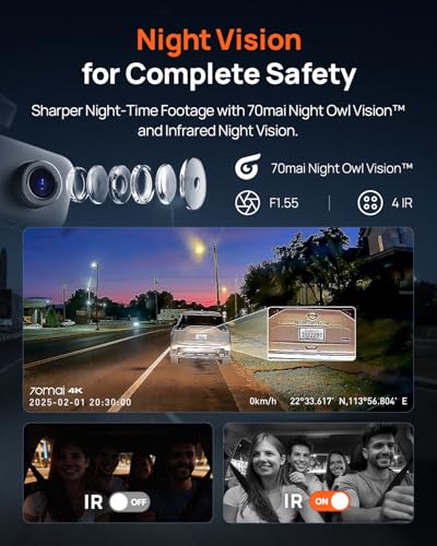 70mai 4K Dash Cam Front and Rear Inside, 3 Channel Car Dash Camera for Cars, Dashcam with GPS, Wi-Fi 6, Voice Control, Parking Monitor, Night Vision, Loop Recording, 64GB SD Card Included (T800E)