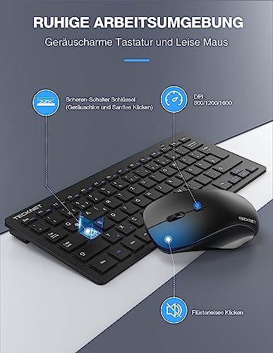 TECKNET Wireless Keyboard Mouse Set, German QWERTZ Layout, 2.4 GHz Wireless Mini Keyboard Mouse, 15 m Range Connection, Wireless Quiet Wireless Keyboard with Mouse for PC, Laptop, Smart TV, Black