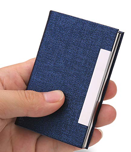Business Card Holder Business Card Case - JuneLsy Luxury PU Leather and Stainless Steel Metal Card Holder for Women with Magnetic Shut Keep Business Cards Clean (Blue-7)